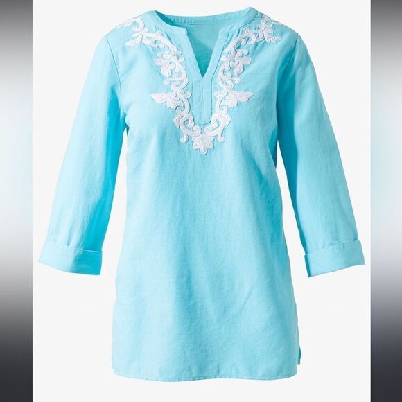 Chico’s Embroidered Linen Blend Tunic Popover Top In Blue Size L - Picture 1 of 9
